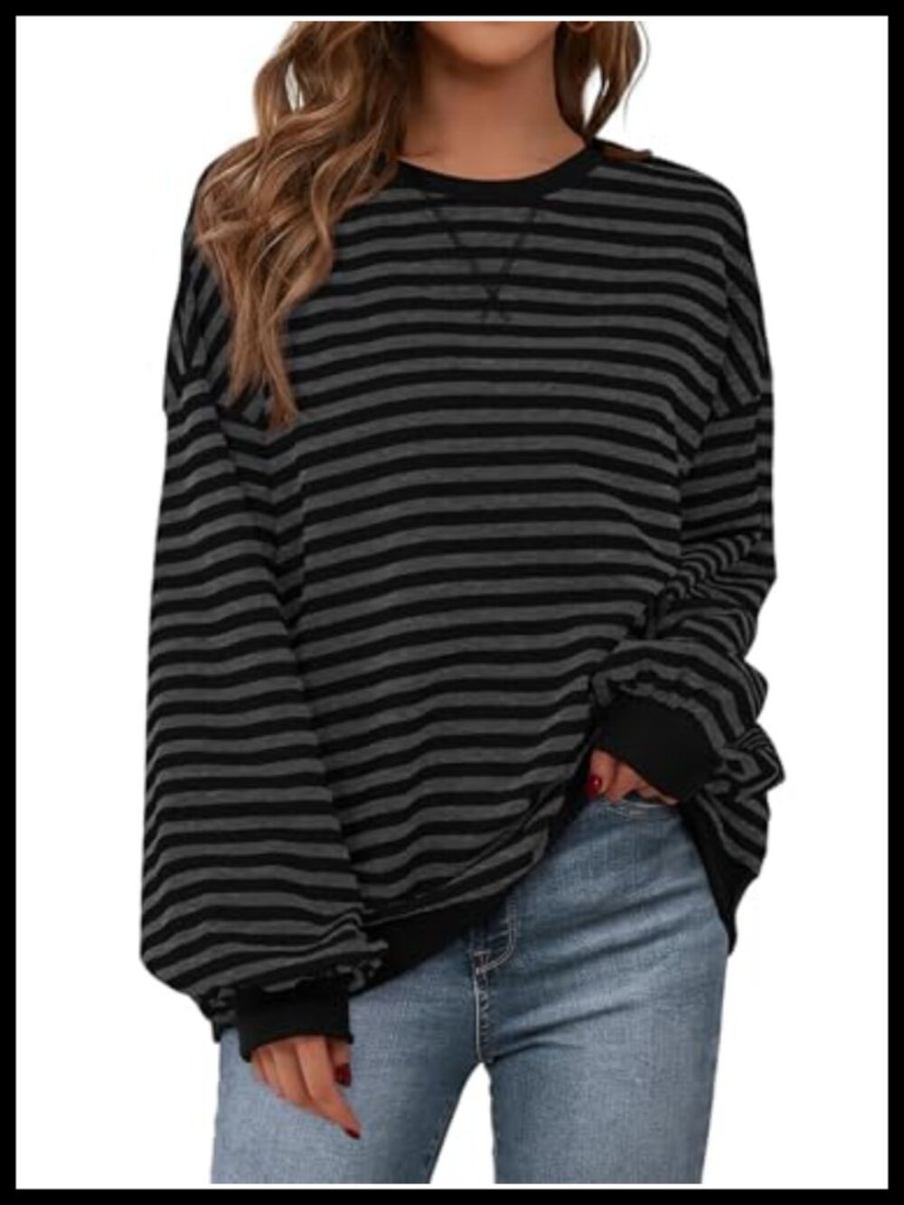 Oversized Striped Crewneck Sweatshirt Cotton Blend Long Sleeve Pullover